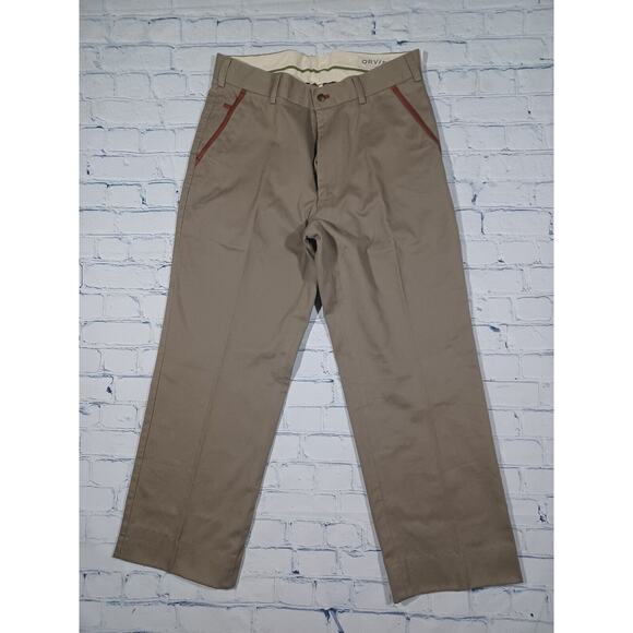 Orvis Pants 34x28 Olive Flat Front Twill‎ Khaki Leather Trim Chino New - Picture 2 of 5